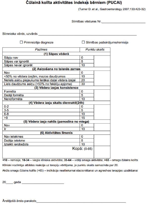 Čūlainā kolīta aktivitātes indekss bērniem