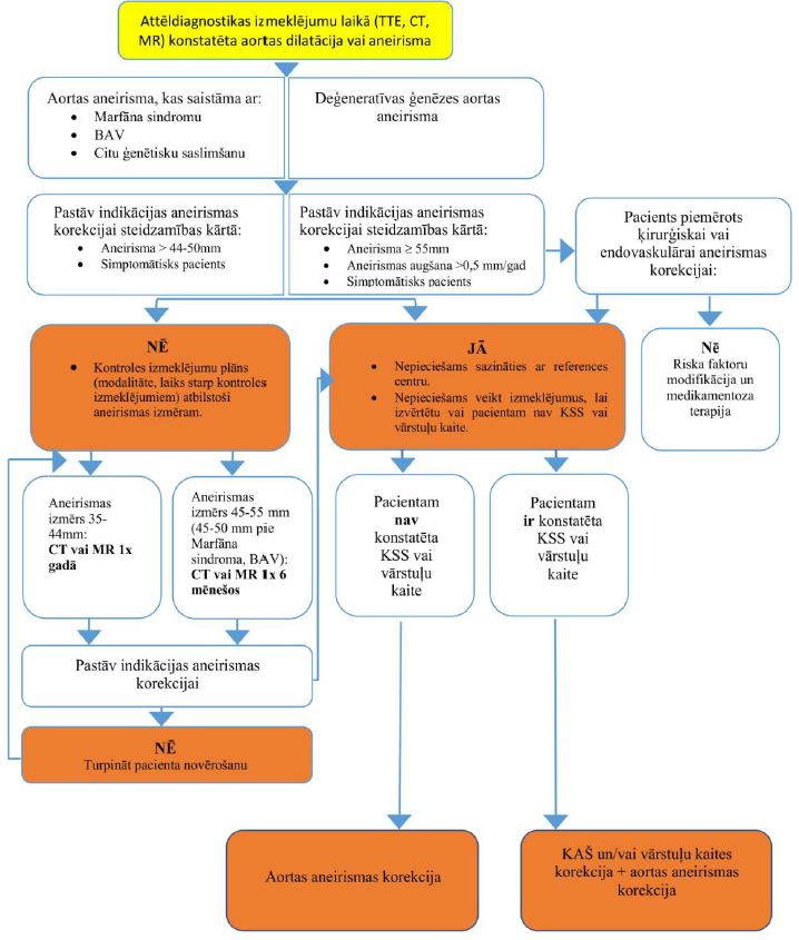 2. klīniskais ceļš: rīcība aortas dilatācijas vai aneirismas diagnosticēšanas gadījumā