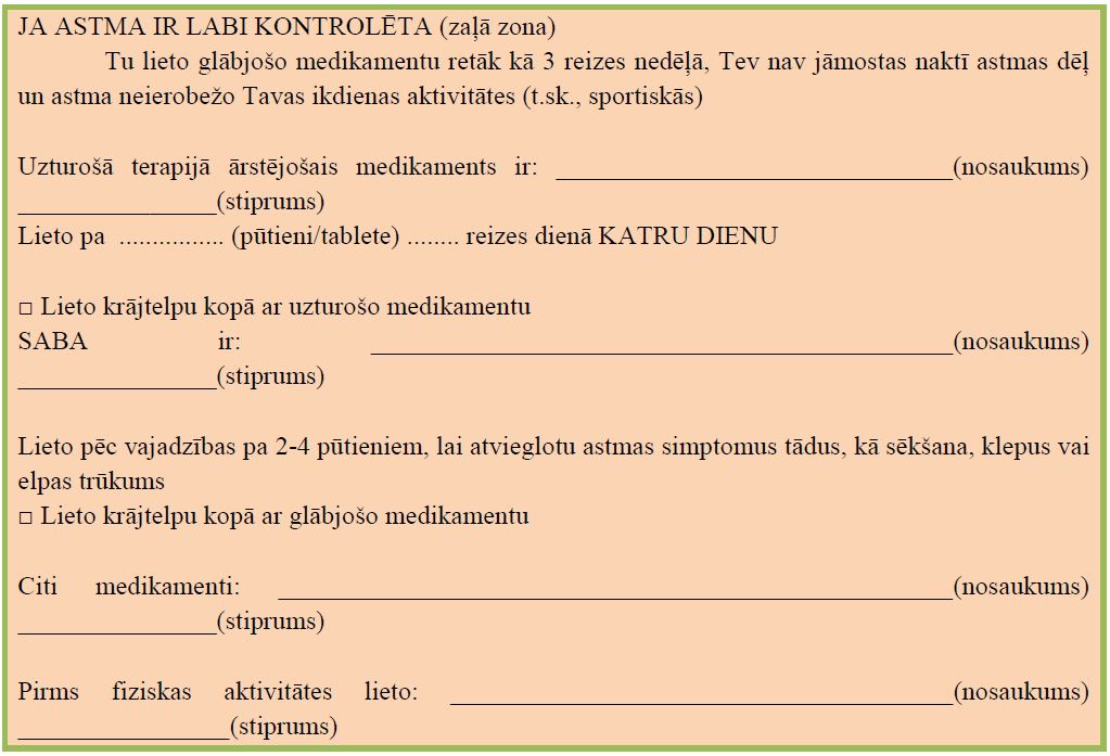 JA ASTMA IR LABI KONTROLĒTA (zaļā zona)